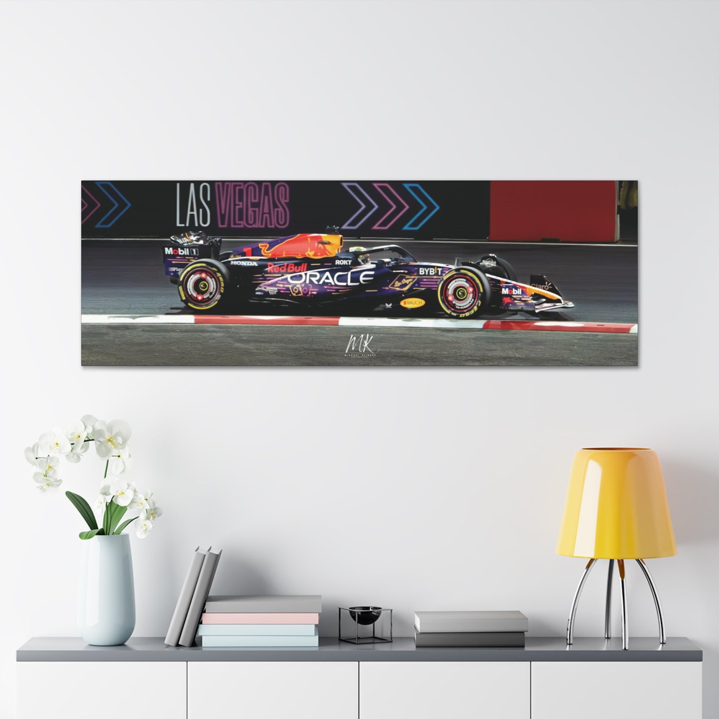 Formula One 2023 Las Vegas & World Champion Max Verstappan Red Bull Oracle Race Car on Las Vegas F1 Track Canvas Gallery Wraps